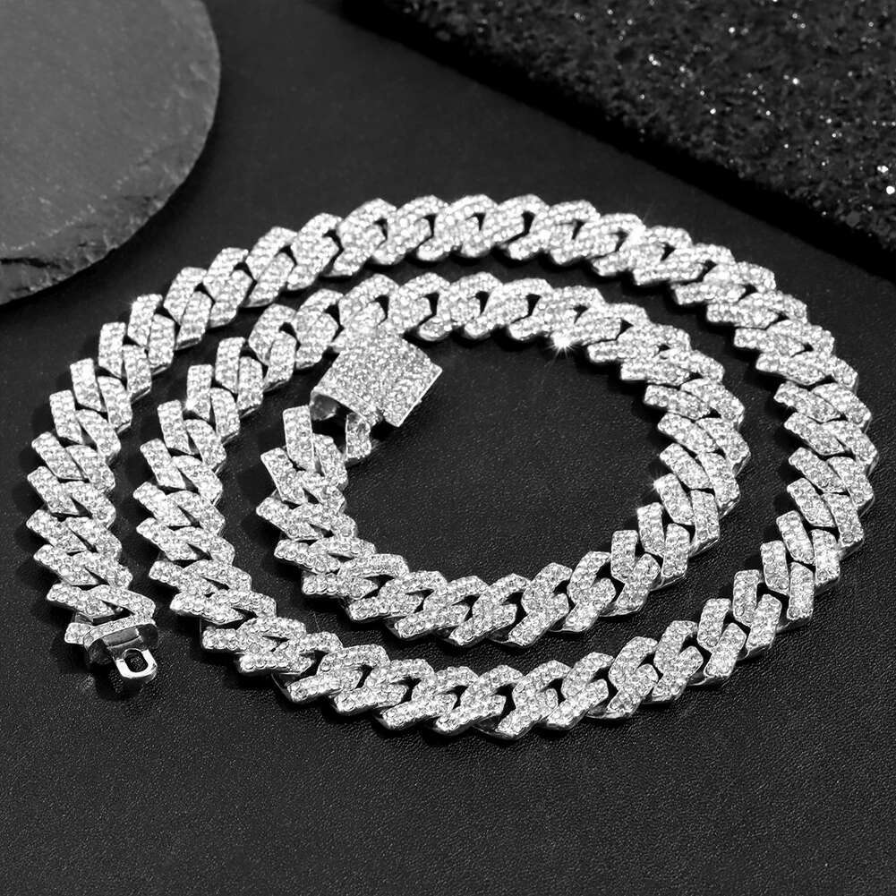 Gold Color Rhinestones Paved Prong Miami Cuban Link Chain Necklace For Women Men Iced Out 2 Row Rhombus Cuban Chain Gift Jewelry