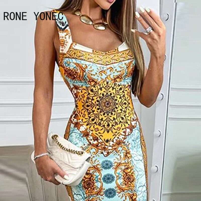Women All Over Print Vintage Pattern Sleeveless Bodycon Midi Sexy Party Dresses