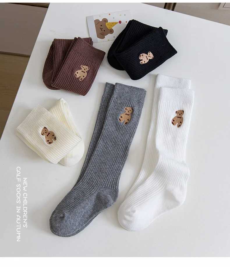 Girls Autumn Long Socks Baby Cute Bear Decor Knee Socks Girls Winter Solid Cotton Stocking Thigh Socks G251124
