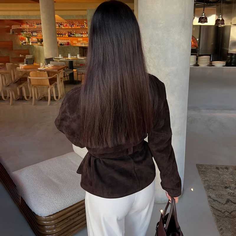 Tornova Retro Suede Long-sleeved Jacket Coat Female V neck Lace Up Jacket 2025 Autumn Winter New Commute Office Lady Outerwear J251124