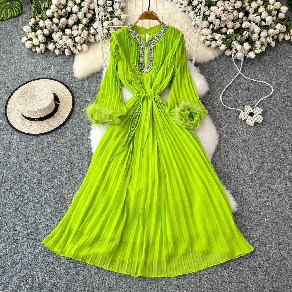 Quality 2025 Spring Crystal Loose Full Sleeve Maxi Pleated Chiffon Dress For Women Elegant Prom Evening Party Long Dresses Lady