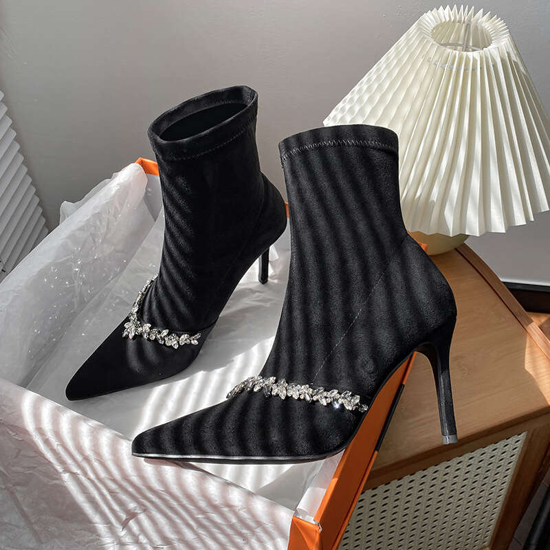 Woman Sandals Black Suede High Heeled Short For Women New Style French Rhinestone Pointed Thin Heel Elastic With Fleece Slimming Boots