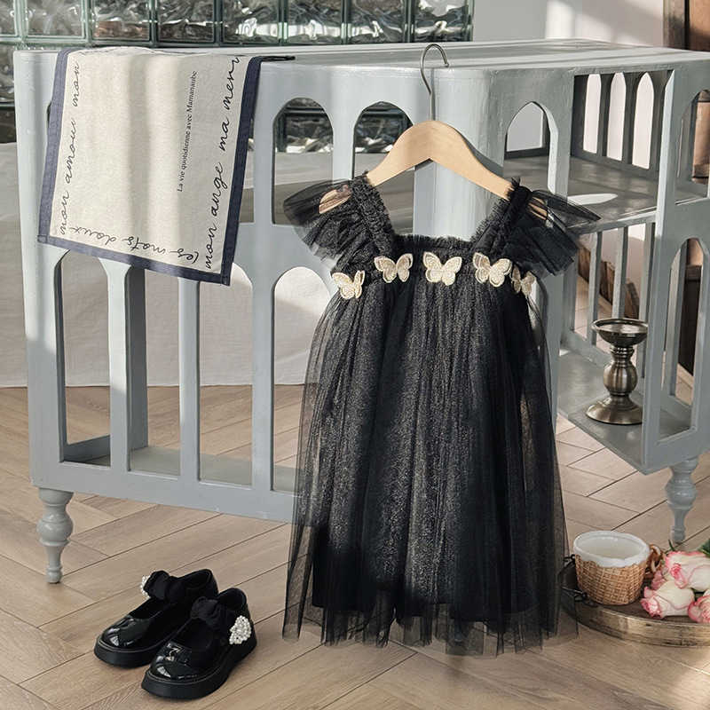 Double Layered Butterfly Sweet Beauty Childrens Mesh Dress 2025 Summer Style Flying Sleeve Strapless Princess Dress Fluffy Skirt Formal Dress Y250423u
