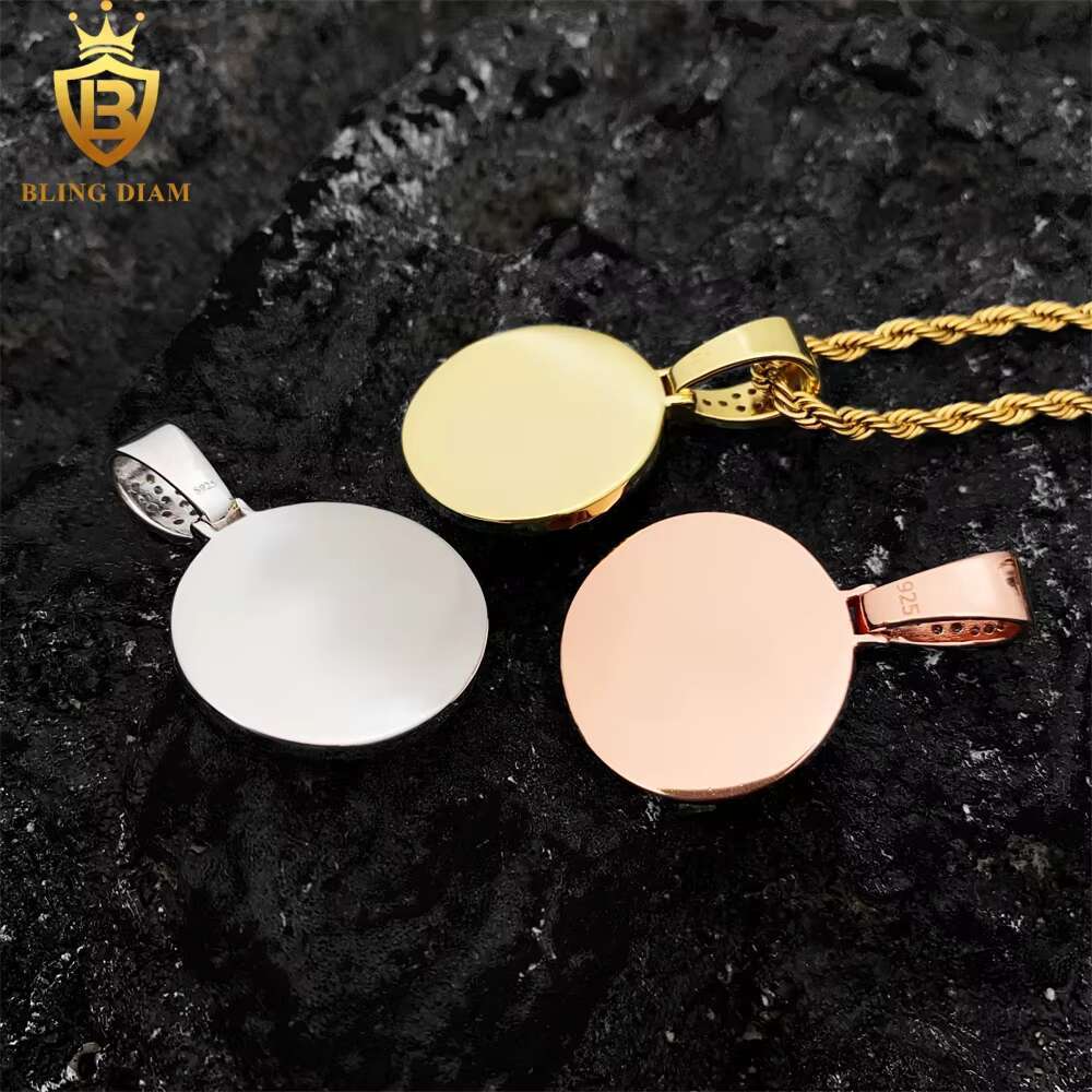 Custom Jewelry Picture Memory Circle Pendant With Chain Vvs Moissanite Diamond 925 Sterling Silver Rose Gold Plated