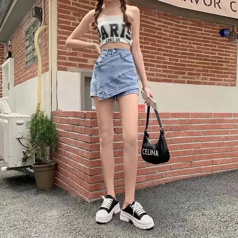 Korean style denim mini dress high waist weight loss anti expre versatile skirt pants ly arrived in summer 250417