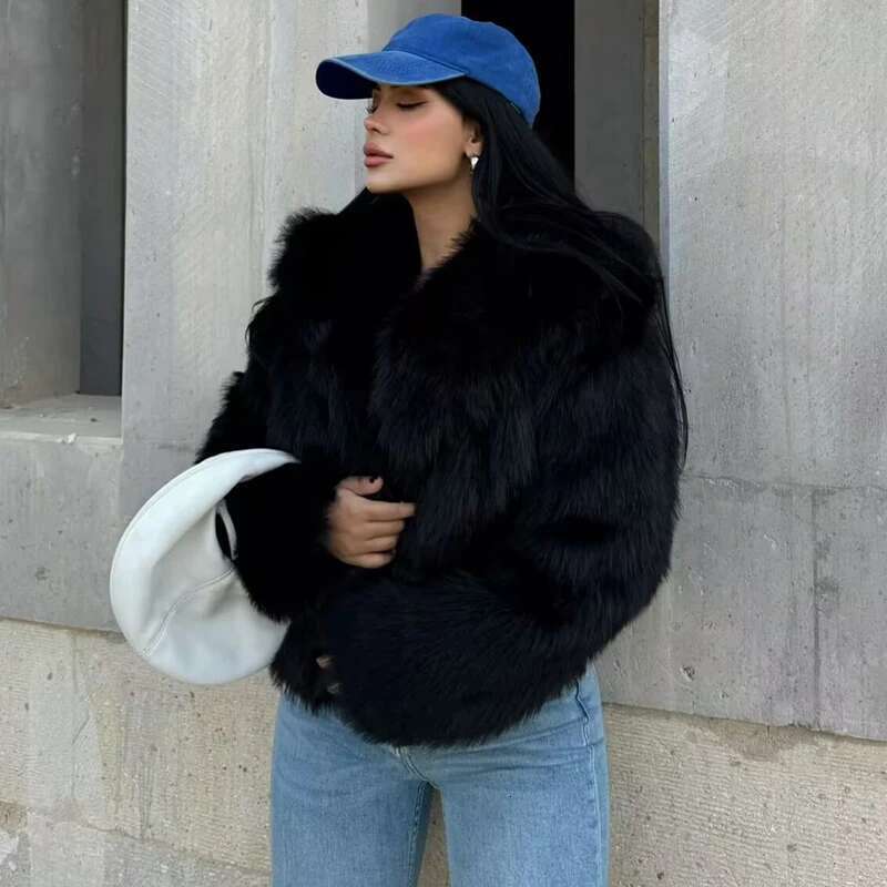 Designer Clothes TRAF Women Black Fluffy Women's Autumn Winter Faux Fur Coat Plush Outerwears White Gray Warm Cropped Jacket