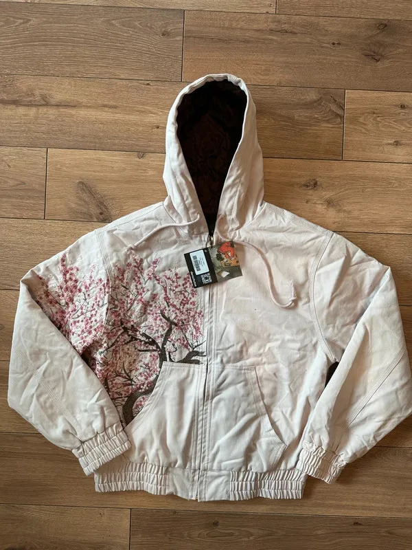 American Retro Cherry Blossom Embroidered Hooded Y2K Jacket Mens Womens Zipper Jacket with Flower Tree Pattern Street Style251119