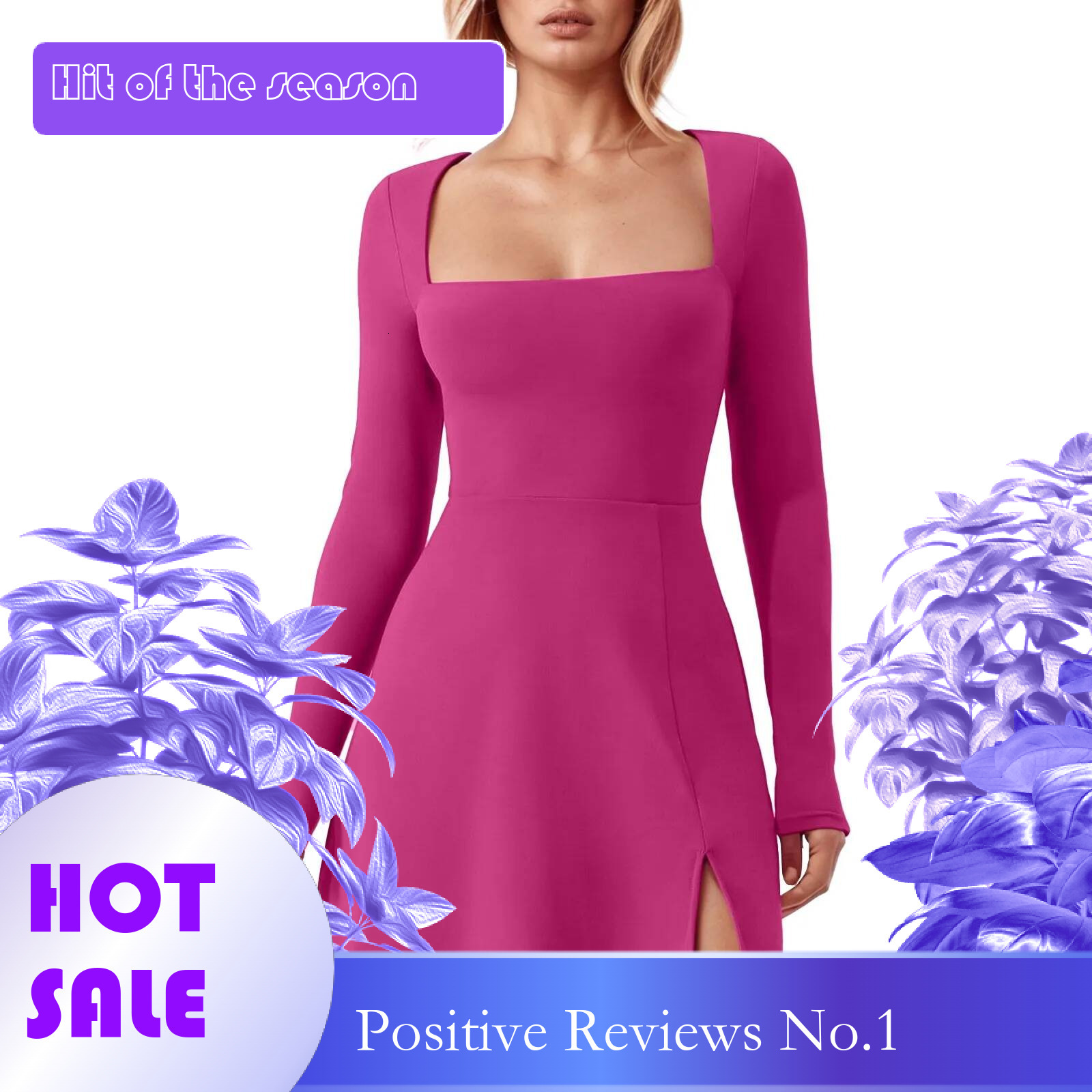 Dongdumaoyi Split Office Mini Dress Elegant Solid Color Square Neck High Waist Holiday Women Long Sleeve Slim Fit Party