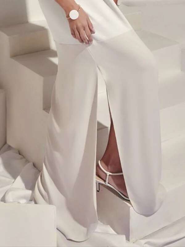 Krisstargirls 2025 New Simple White Black Maxi Dresses Split-Side Boat Neck Women Evening Loose Long Dress For Ladies