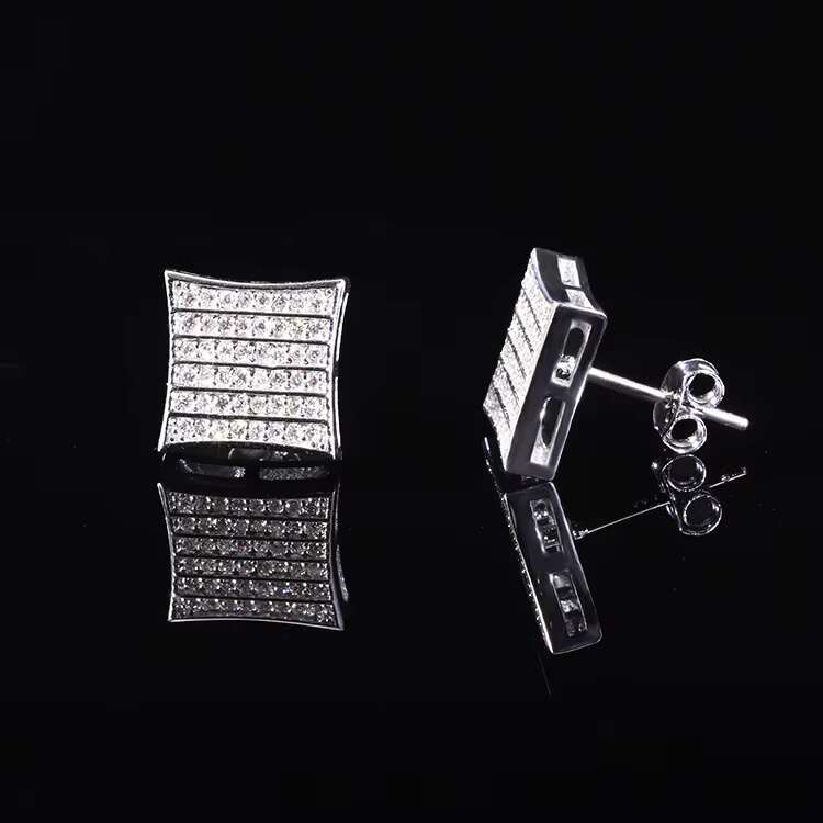 High Quality 925 Sterling Silver Square Iced Out Moissanite Lab Grown Diamond Studs Earrings With 18K White Gold Hip Hop Style