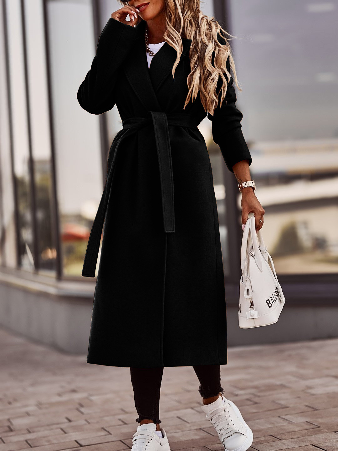 Autumn and winter 2022 simple long sleeve V-neck strap woolen coat blouse women