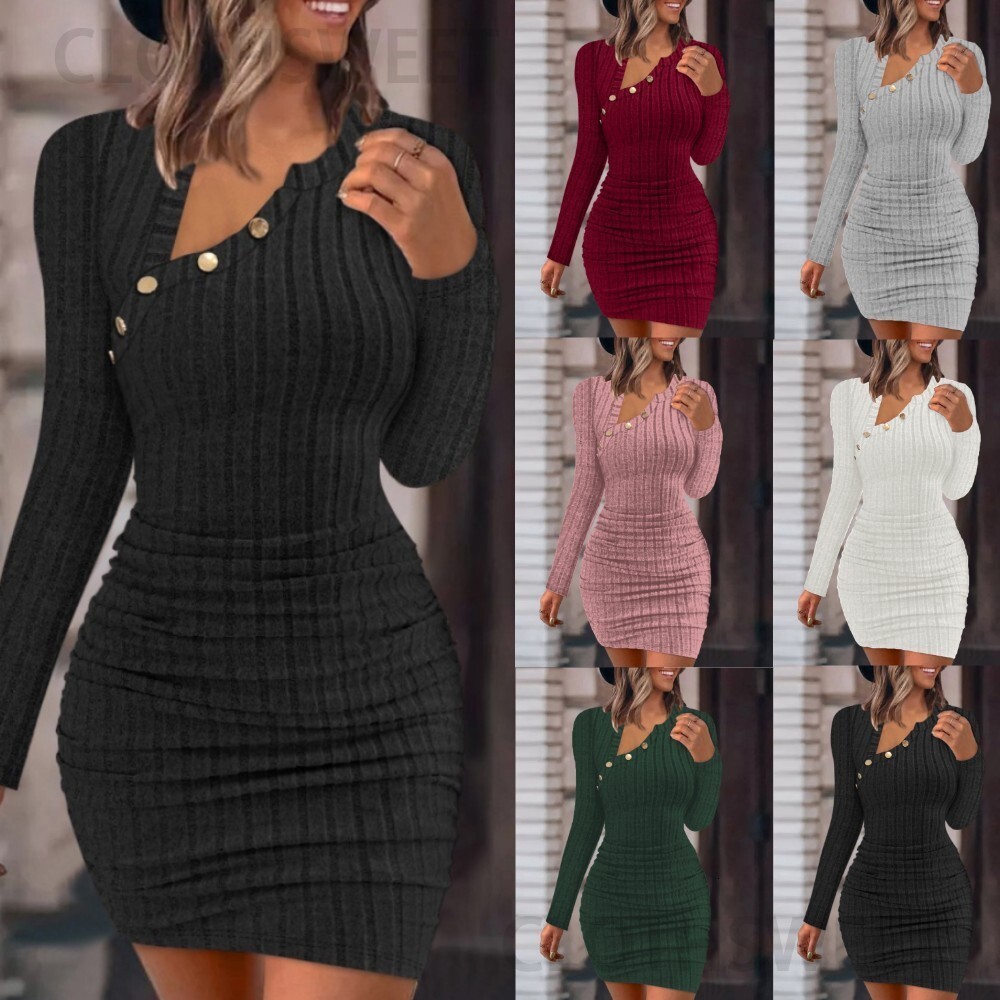 2023 new womens solid color off shoulder sloping neck tight fitting hip hugging fashionable slim fit sexy long sleeved dress