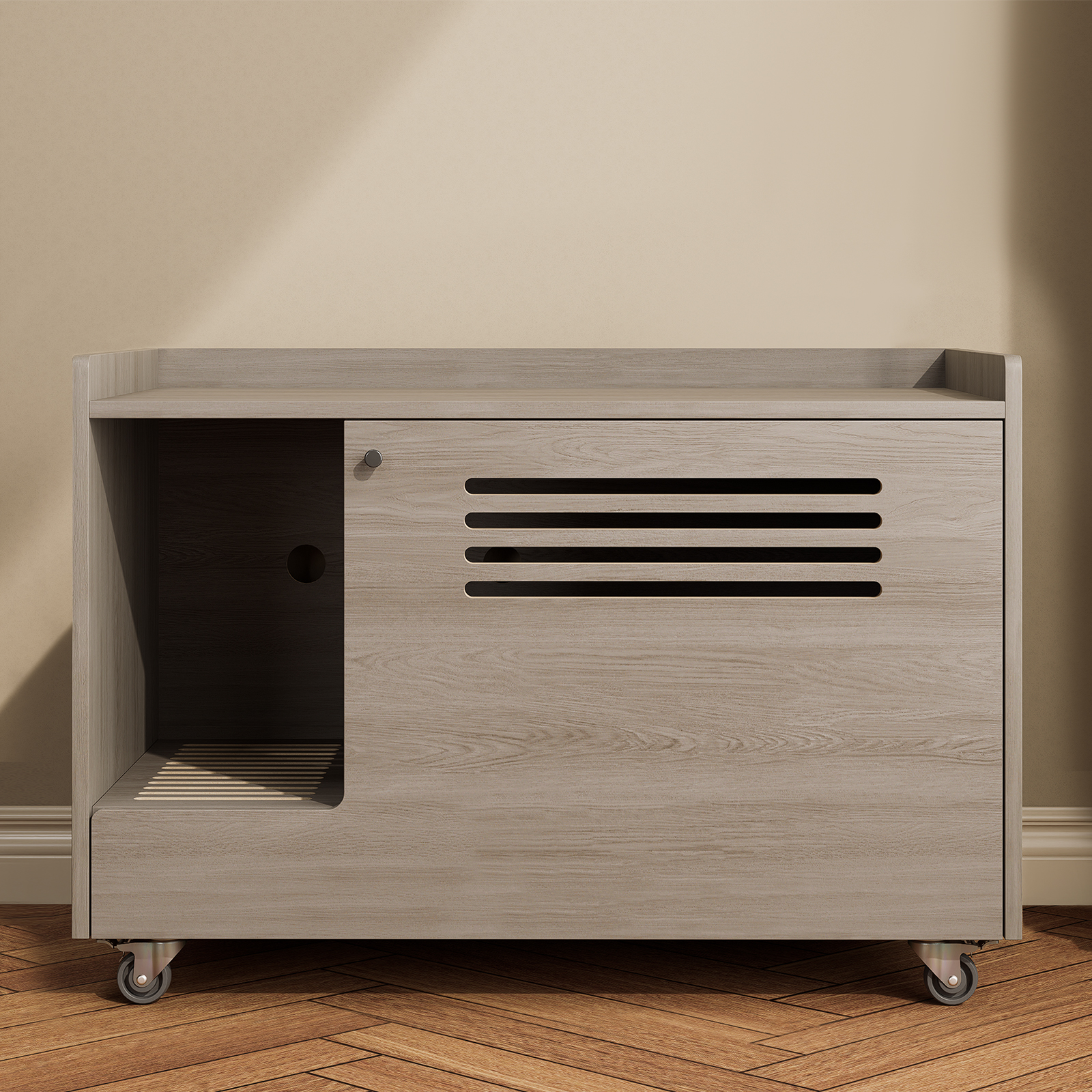 Gray Cat Litter Box Enclosure, Furniture with top side fence,Wooden Pet House Side End Table, Storage Cabinet Bench for Living Room,,Bedroom, Fit Most