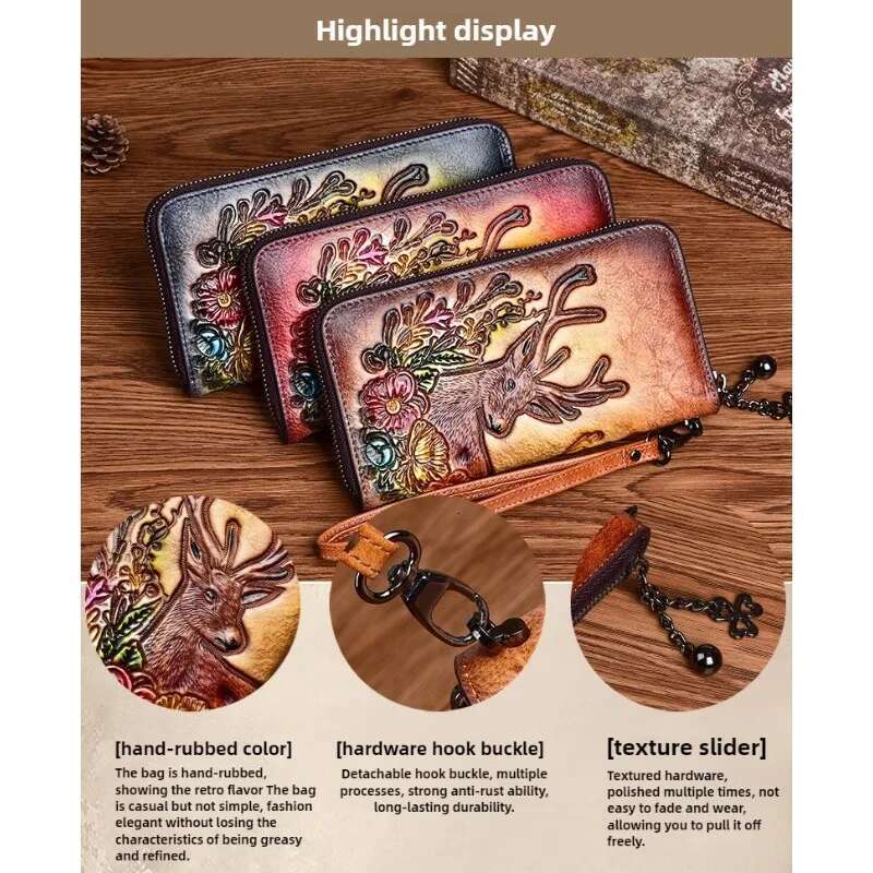 Designer Bag 2025 Vintage Chinese Style Women's Leather Wallet, Handmade Emed Top Grain Long Zipper Clutch Purse With Retro Accessory Luxury Bag