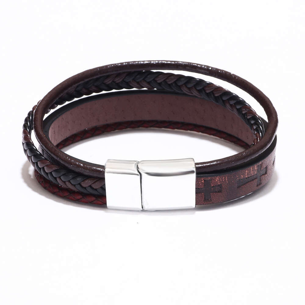 Hot selling fashion bracelets, men's handmade woven cross, leather bracelet, alloy magnetic buckle bracelet