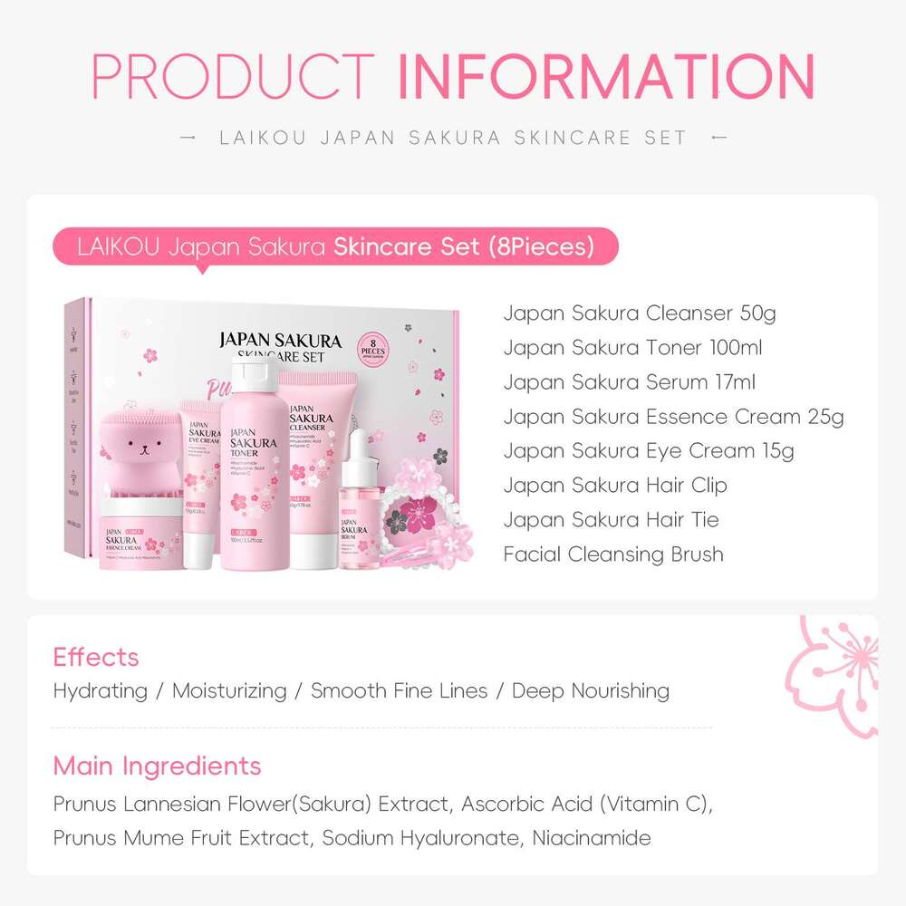Sets Kits Laikou 8Pcs Skincare Set Sakura Cleanser Toner Lotion Cream Deep Cleansing Moisturizing Oil Control Portable Kit Travel X251124