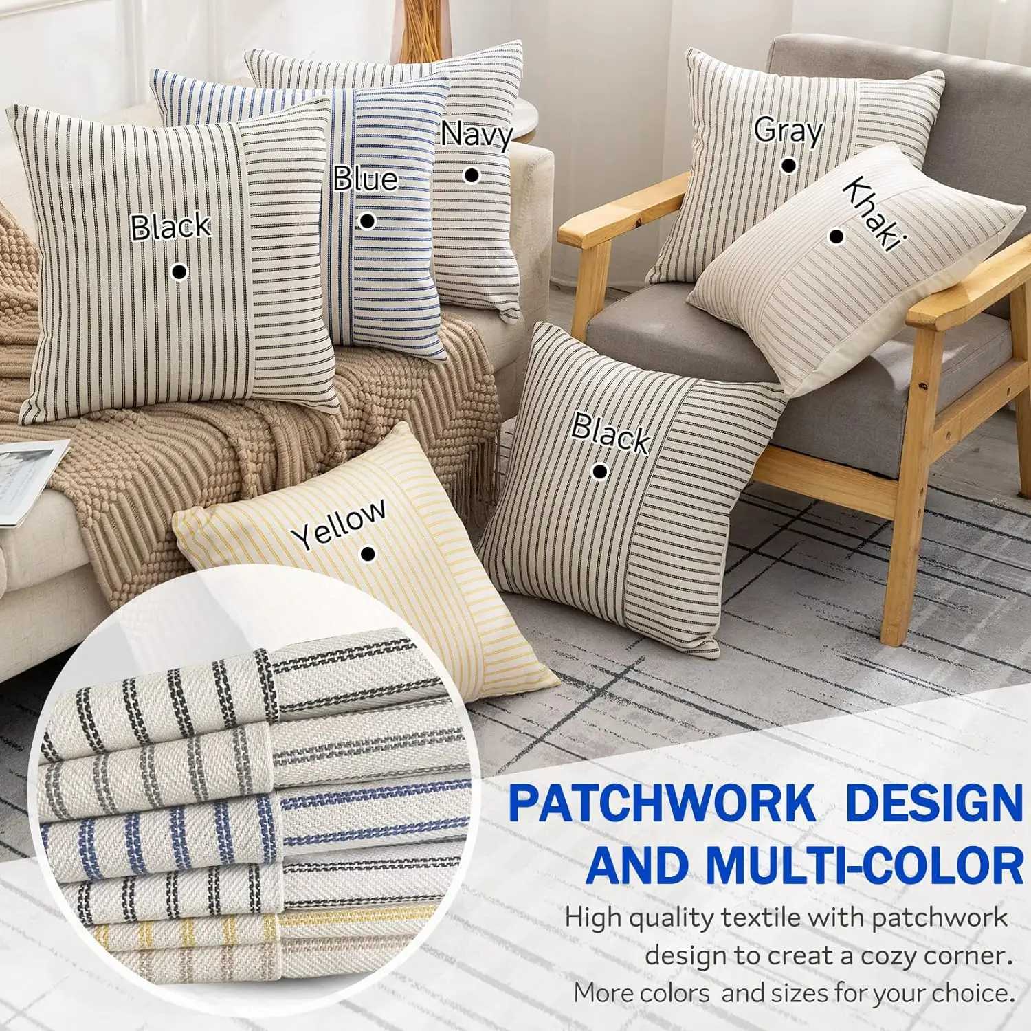 Modern Striped Pillow Covers 18x18 Square Throw Pillow Cover Patchwork Linen Decorative Pillow Cushion Cover Home Decor for Sofa G251124