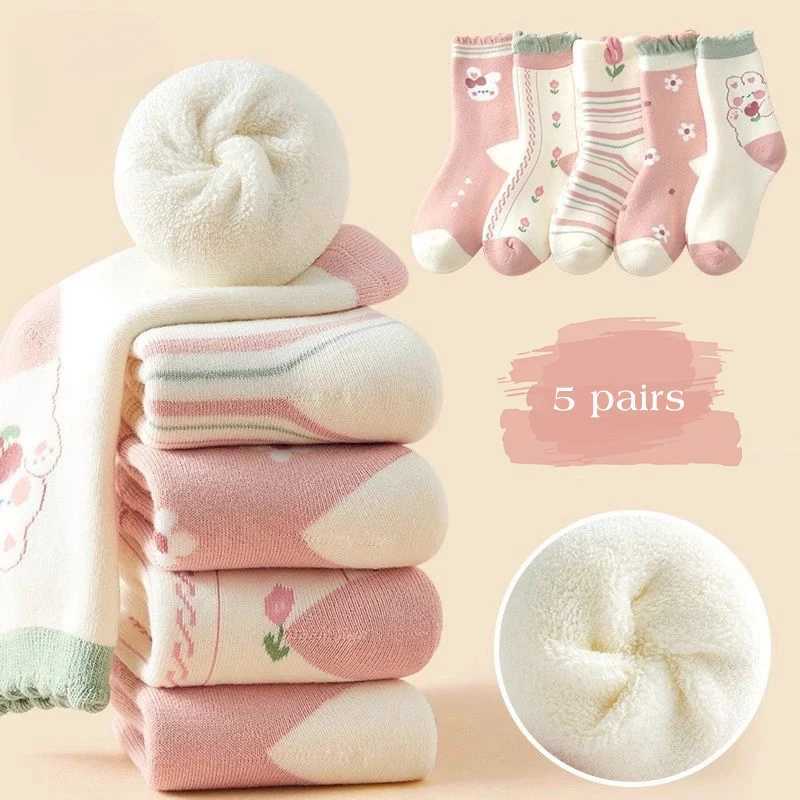 5Pairs Kids Girl Winter Warm Socks Pink Rabbit Plush Sock Thick Velvet Anti-Cold Baby Footwear 0-8Year Children Middle Tube Sock G251124