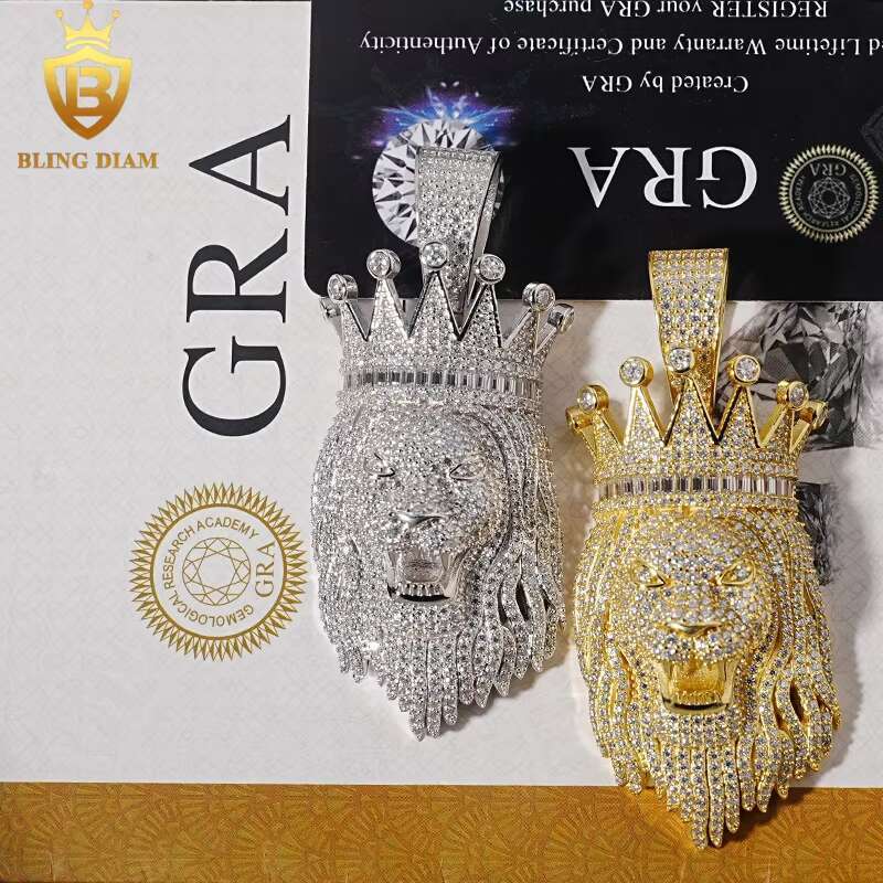 Hip Hop Jewelry 3D Crown Lion Animal Pendant Moissanite Real Gold Plated 925 Sterling Silver Charm Pendant