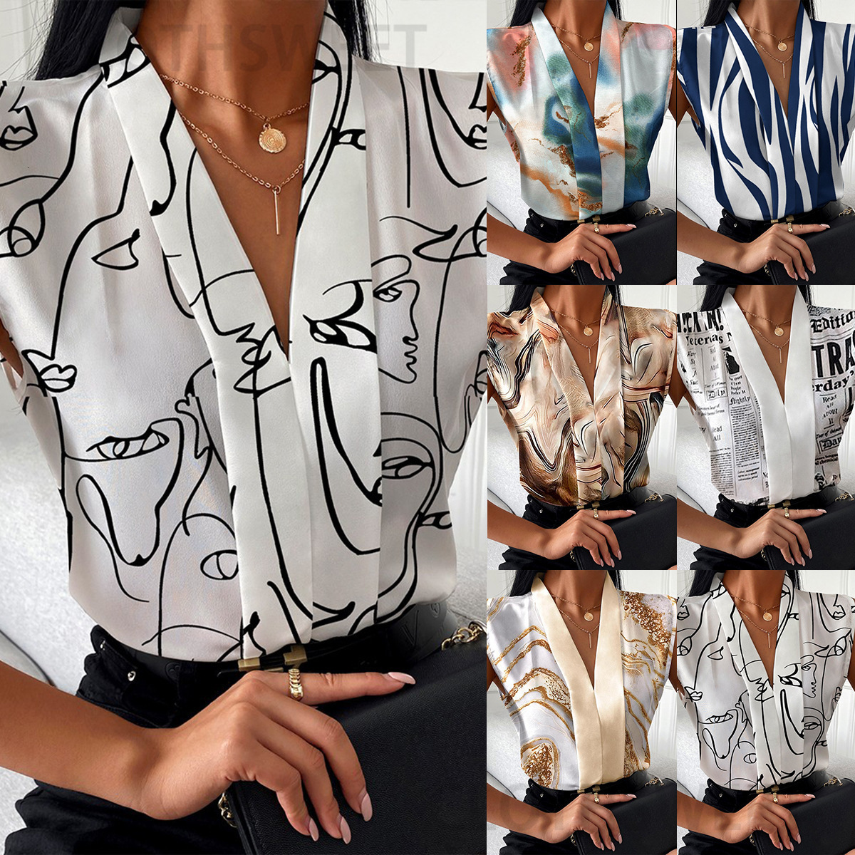 2023 Summer Fashion Casual Sleeveless V-neck Printed Shirt for Women