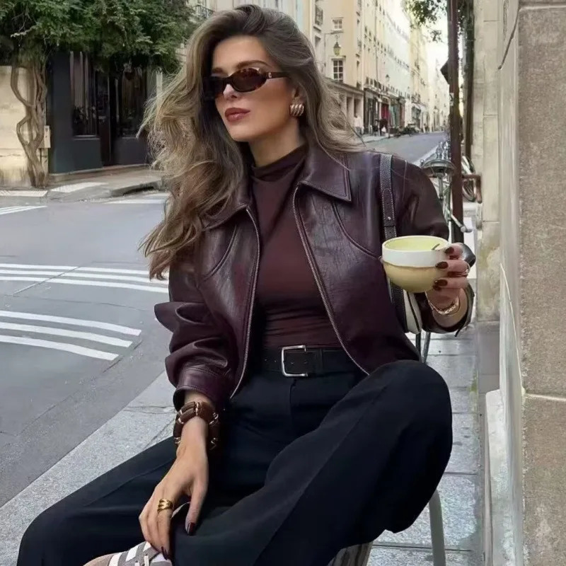 2025 Womens Clothing American Retro Simple Lapel Zipper Leather Jacket 251121