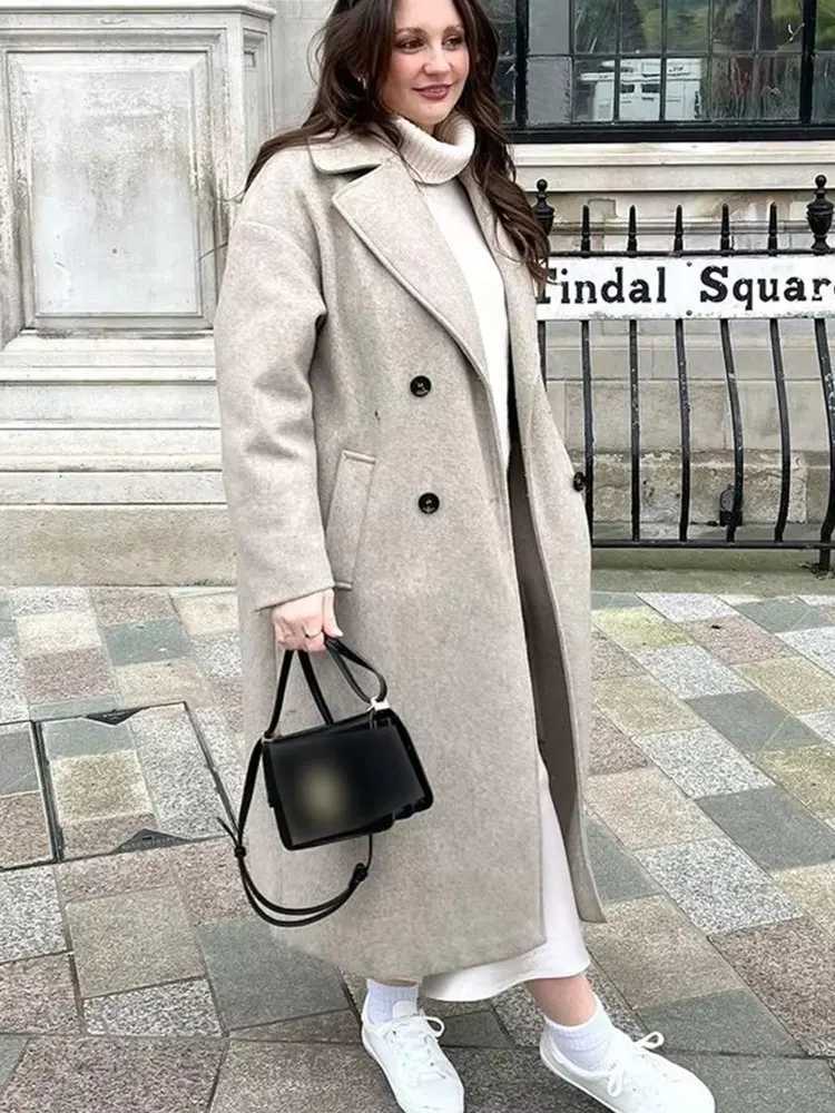 TRAFZA Women Winter Casual Wool Blend Notched Lapel Collar Coat Chic Double-breasted Trench Coats Oversized Female Long Jackets J251124
