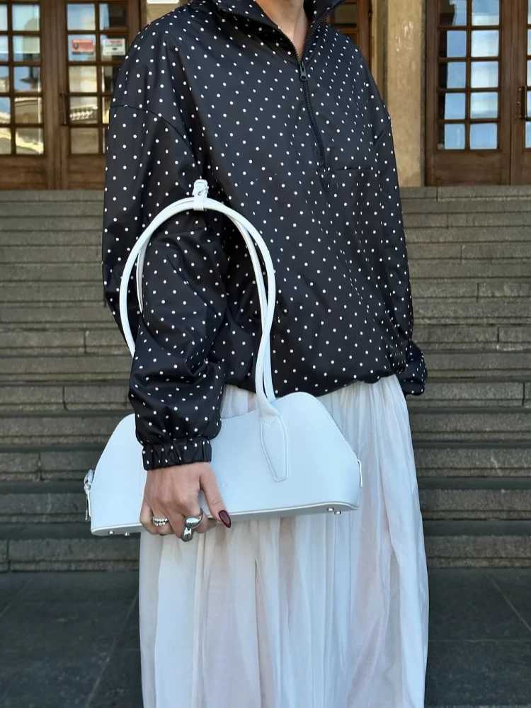 Womens Casual Polka Dot Printed Zipper Jacket Fashion Full Sleeves High Collar Loose Coat 2025 New Autumn Lady Commute Outwear J251124