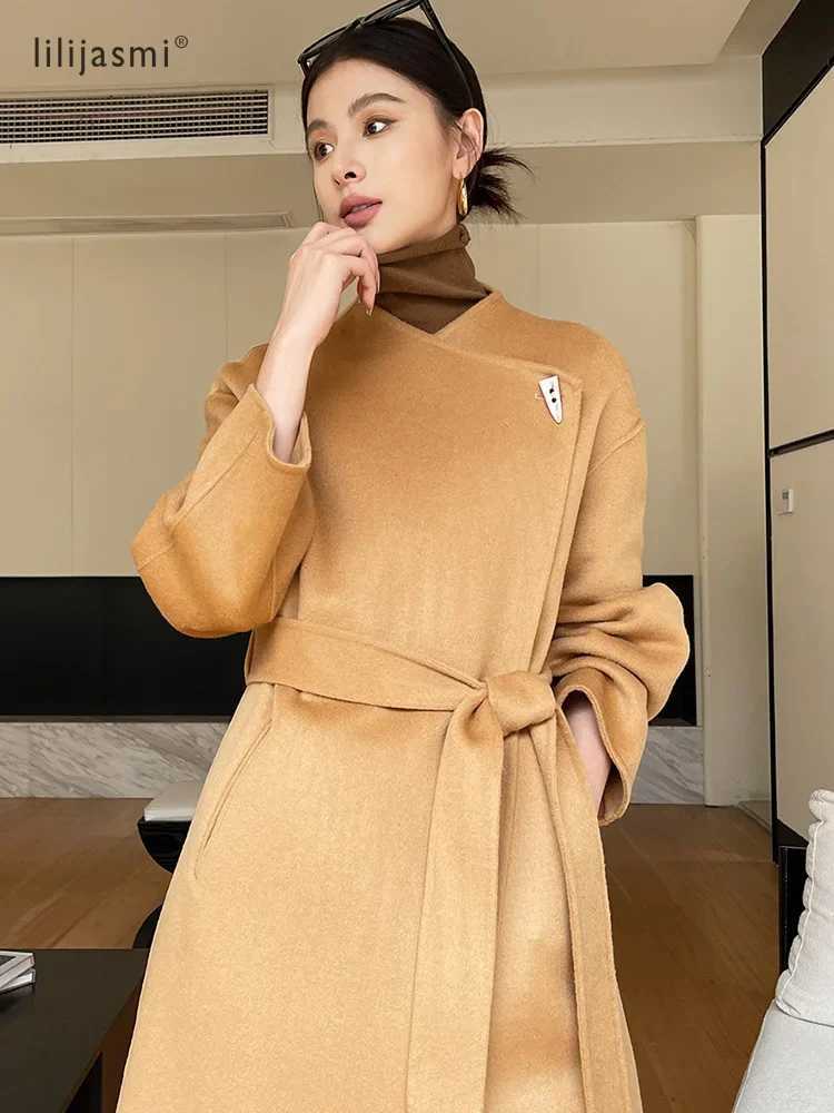 Dual Purpose Collar Wool Coat Horn Button Women 100 Wool Overcoat Double-Layers Autumn Winter Long Jacket Thick Trench Coat 23 J251124