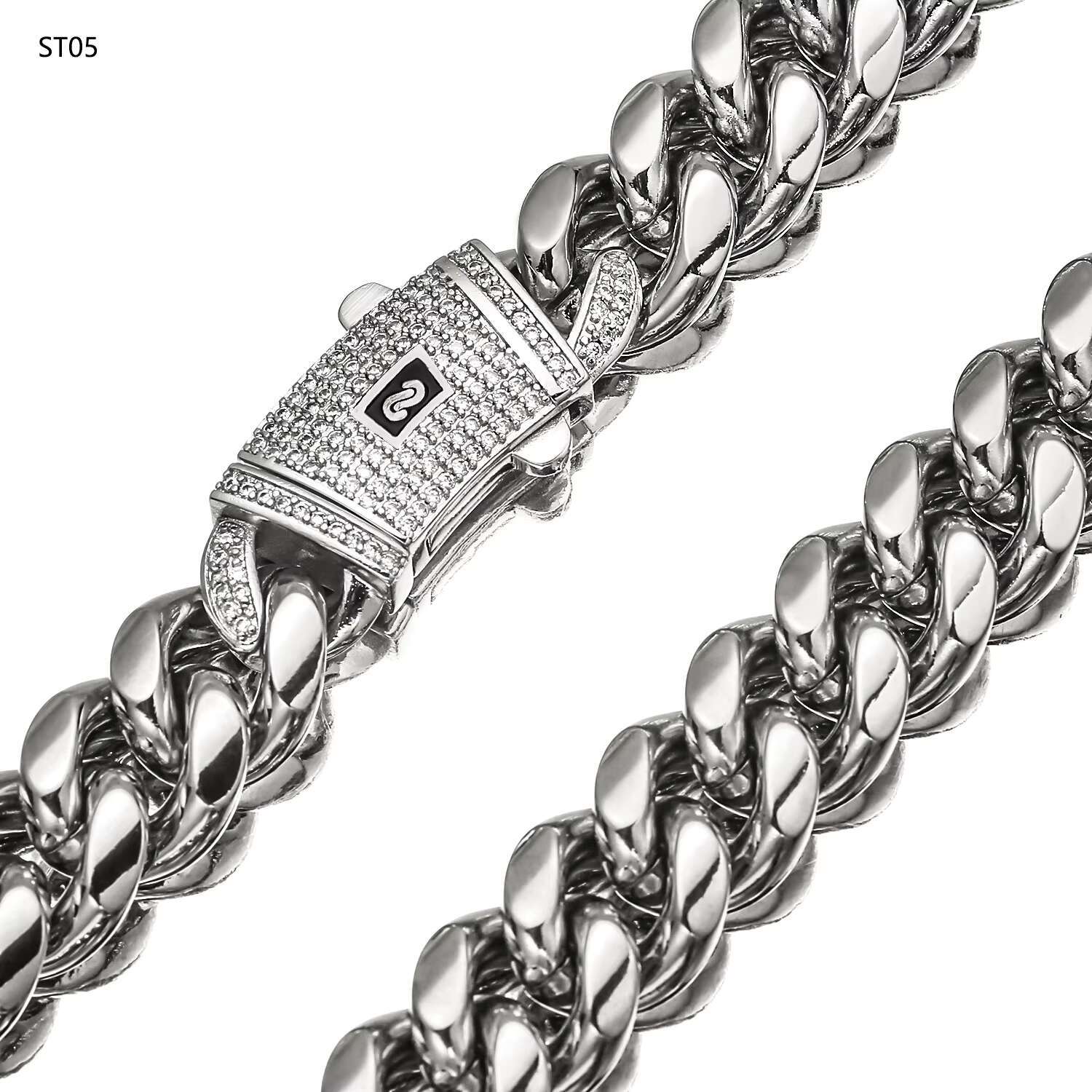 Hip Hop Miami Silver Jewelry for Men Stainless Steel Iced Clasp Link Chain-Cuban Cadena Cubana for Gift Zircon Pearl Main Stones