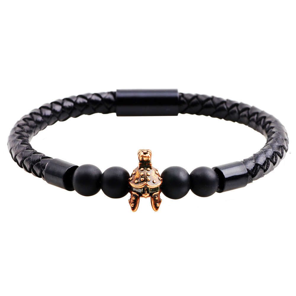 Nimei New Roman Personalized Fashion Knight Helmet Black Matte Tiger Eye Stone Genuine Leather Bracelet