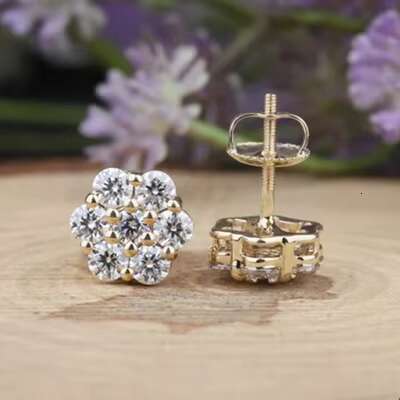 Wholesale Price DEF VVS Moissanite Pointer Flower Cluster Earrings 10K Solid Gold 925 Sterling Silver Men Stud Earrings