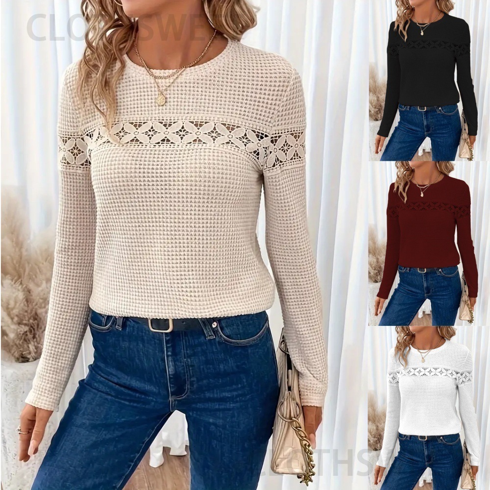 2024 Autumn Solid Color Lace Splicing Round Neck Womens Long Sleeve T-shirt for Women