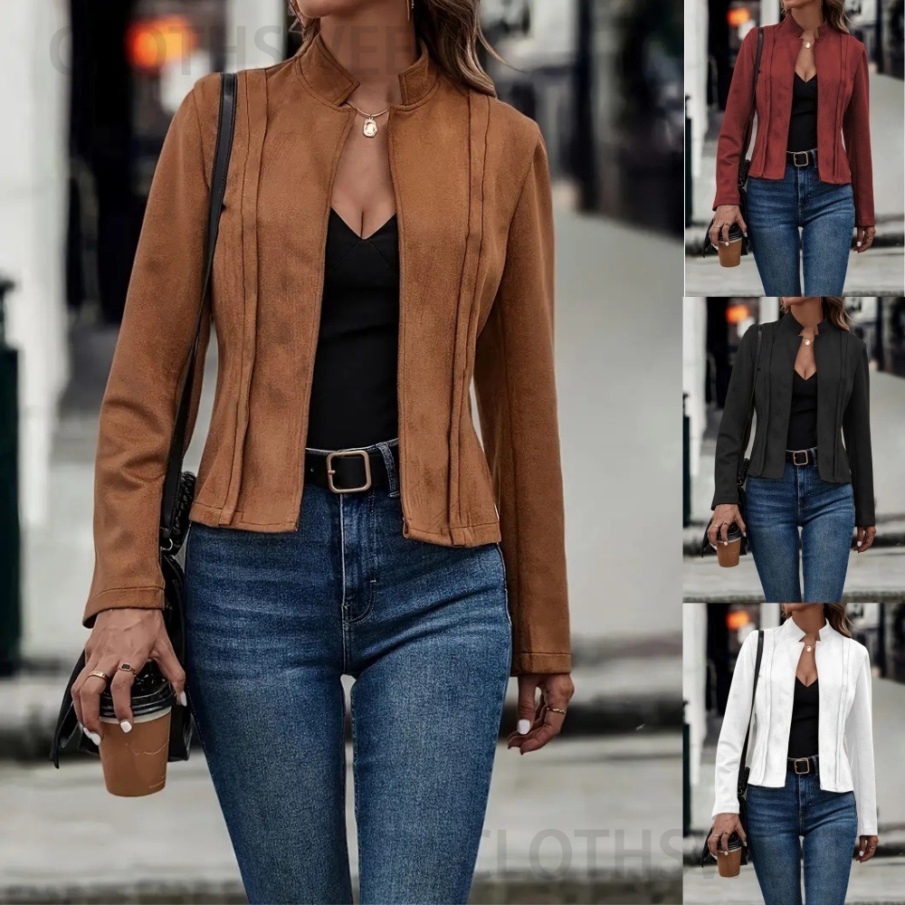 2024 winter solid color long sleeved slimming versatile cardigan short jacket womens clothing