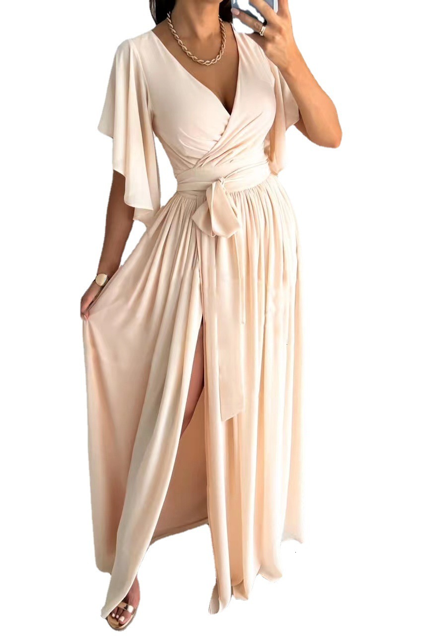 Autumn 2022 solid color flare sleeve loose V-neck floor dress womens wear