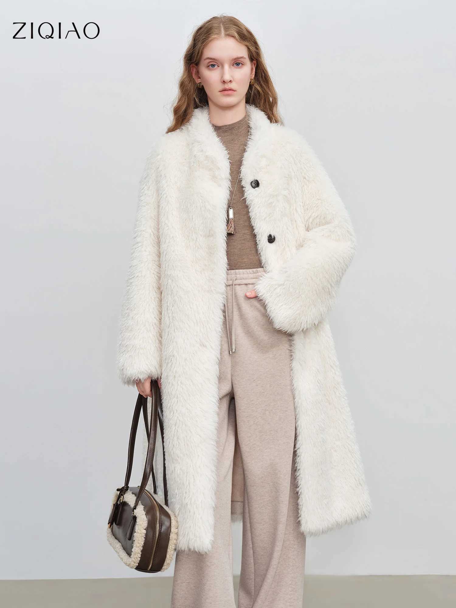 ZIQIAO Petite Womens Mid-Length Stand Collar Korean Style White Duck Eco-Friendly Faux Fur Coat 2025 Winter New Arrival Coats J251124