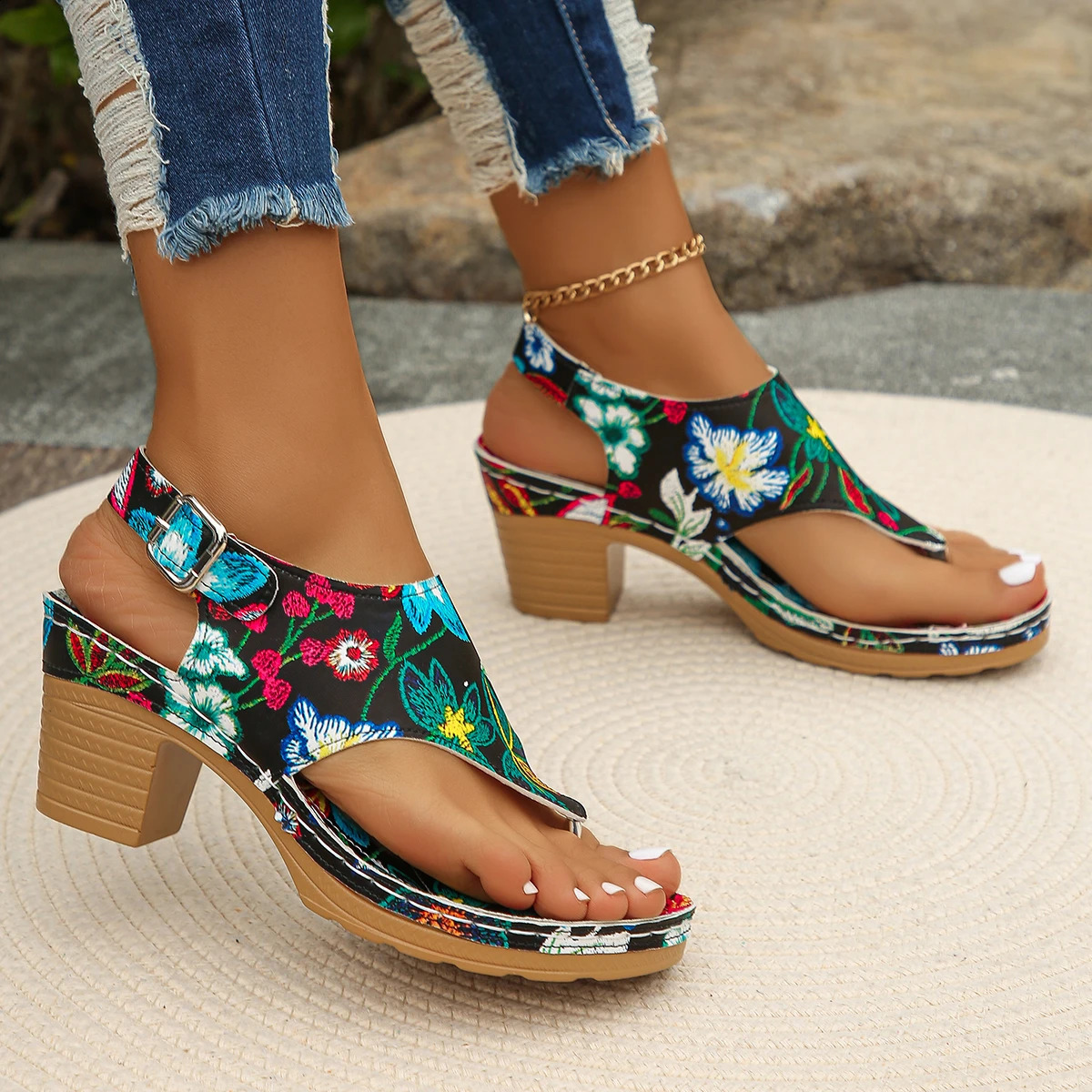 Fashion Summer Women Sandals Outdoor Mixed Colors Open Toe Shoes for Women Chunky Heels Large Size Rome Elegant Sandals Women 250418
