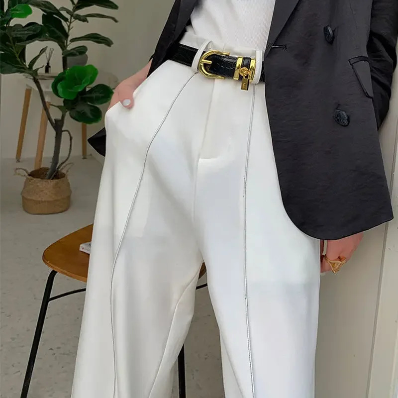 White Ladies Pants Solid Loose High Waist Wide Leg Pants Fashion Casual Womens Pants Suit Button Straight Pants 250421