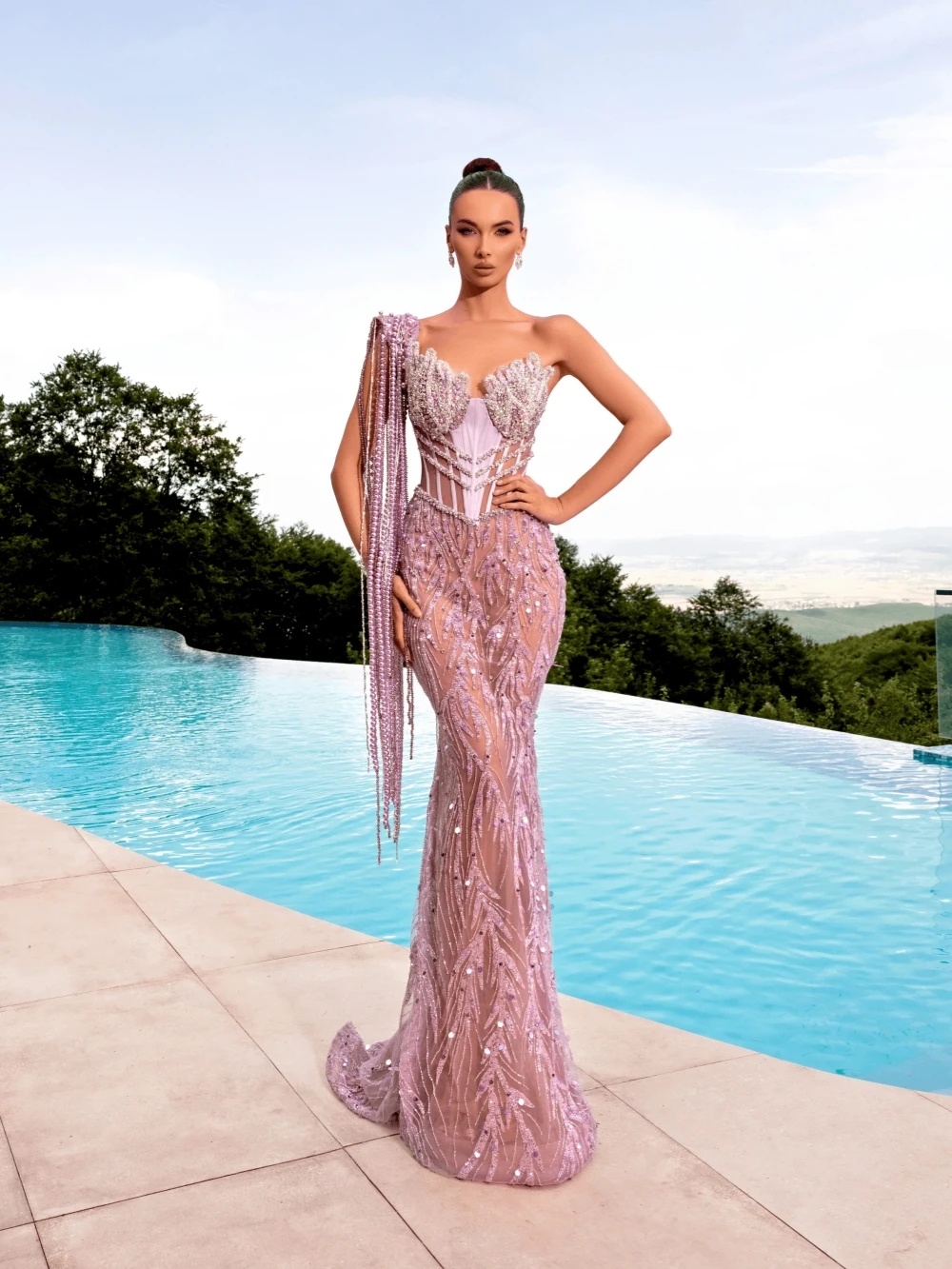 Fashion Pearls Evening Dresses Sequins Beading Prom Gowns One Shoulder Tassel Illusion Customized Formal Occasion Party Dress Vestidos de noche