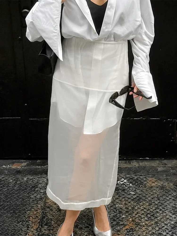 Trendix Sexy See Through Mesh Skirt Women White High Waist Seam Loose Leather Autumn Street Fashion Club Party Skirt Women M250424