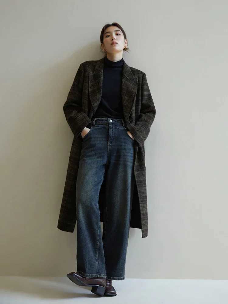 DUSHU 696 Wool Temperament British Style Women Long Plaid Wool Coats Notched Coolar Double Breasted Front Shoulder Female Coat J251124