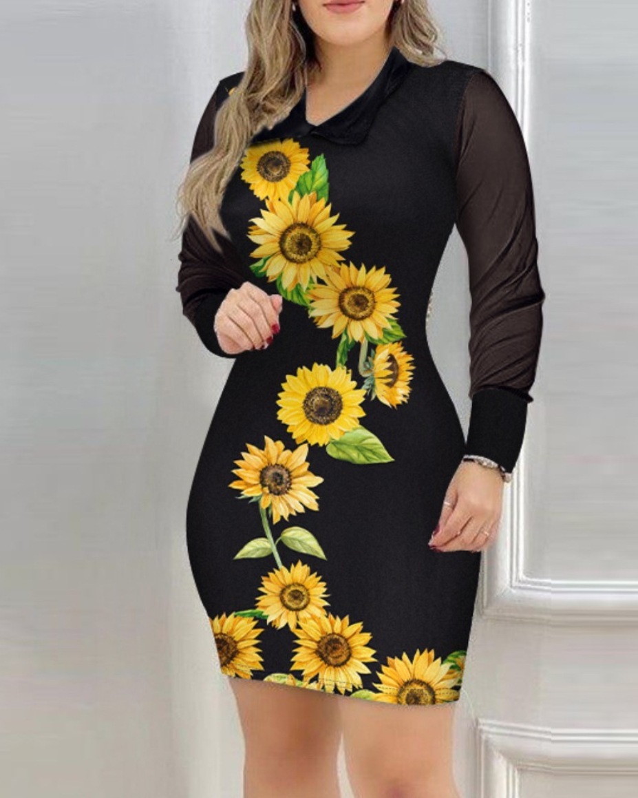 2025 autumn fashion mesh long sleeved V-neck slim fit printed dress for women