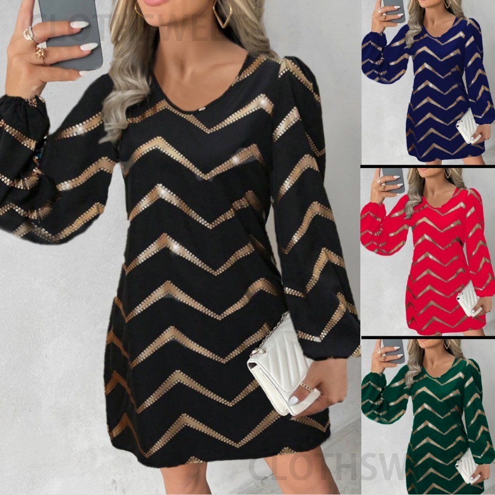 2023 autumn and winter long sleeved fashionable printed U-neck bubble sleeve dress for women