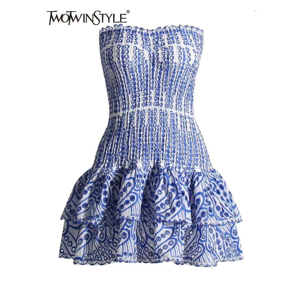 TWOTWINSTYLE Cut Out Layered Hem Sexy Dress For Women Strapless Sleeveless Off Shoulder High Waist Mini Dresses Female Clothing