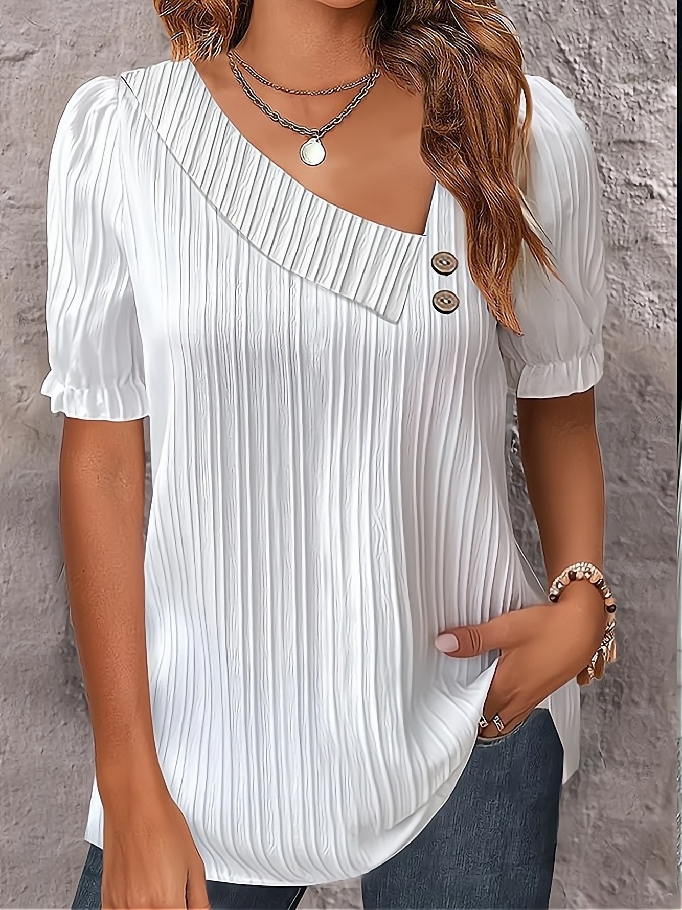 2023 summer simple V-neck button solid color shirt for womens clothing