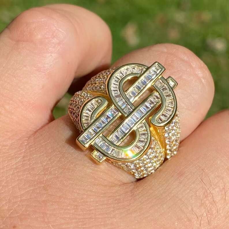 Hip Hop Iced Out Bling Men Jewelry 5A Cubic Zirconia Cz Dollar Sign Ring Size 8 9 10 11