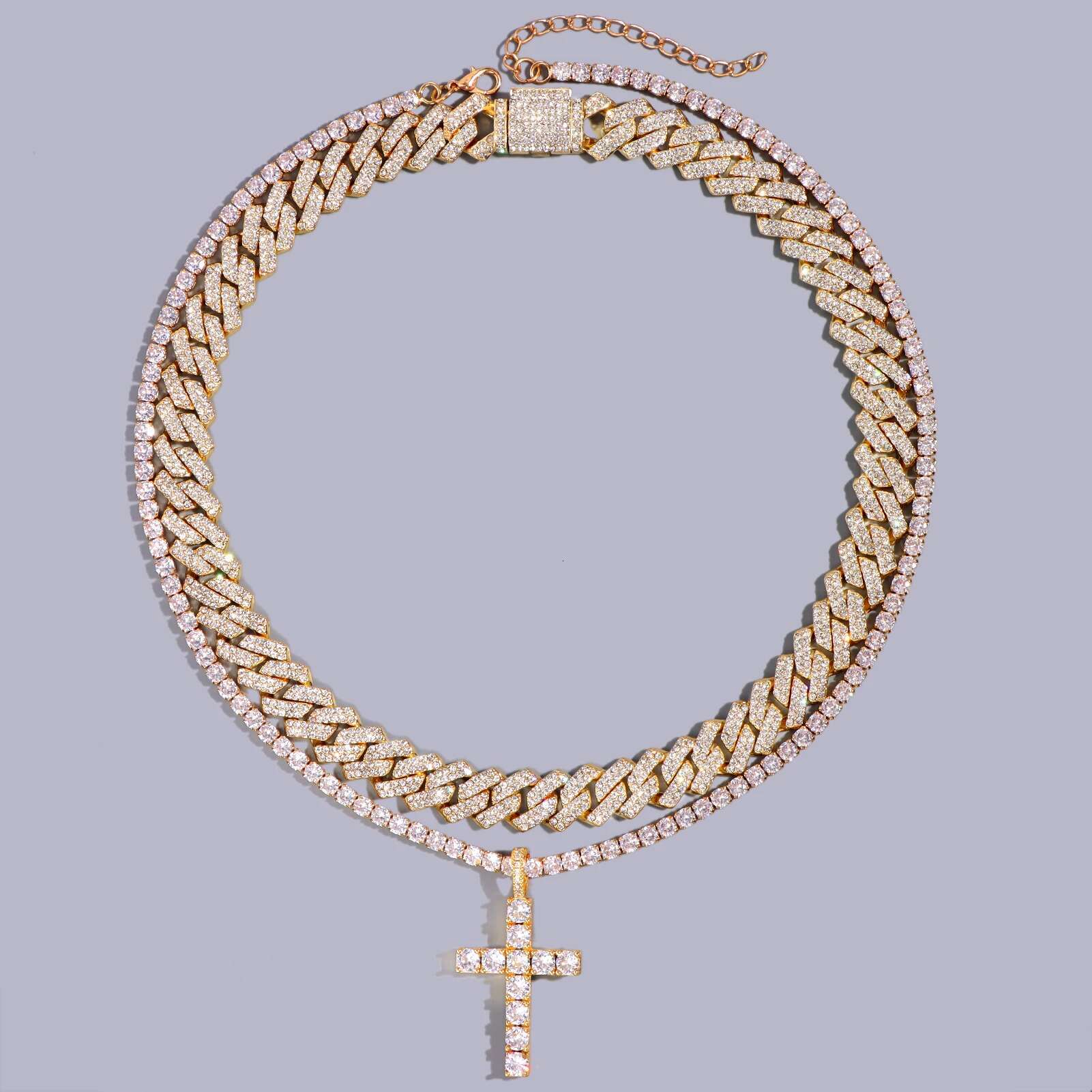 2Pcs Golden Cross Necklace Prong Cuban Link Chain for Women Men Iced Out Full Rhinestone 14MM Hiphop Cuban Necklace Set Jewelry