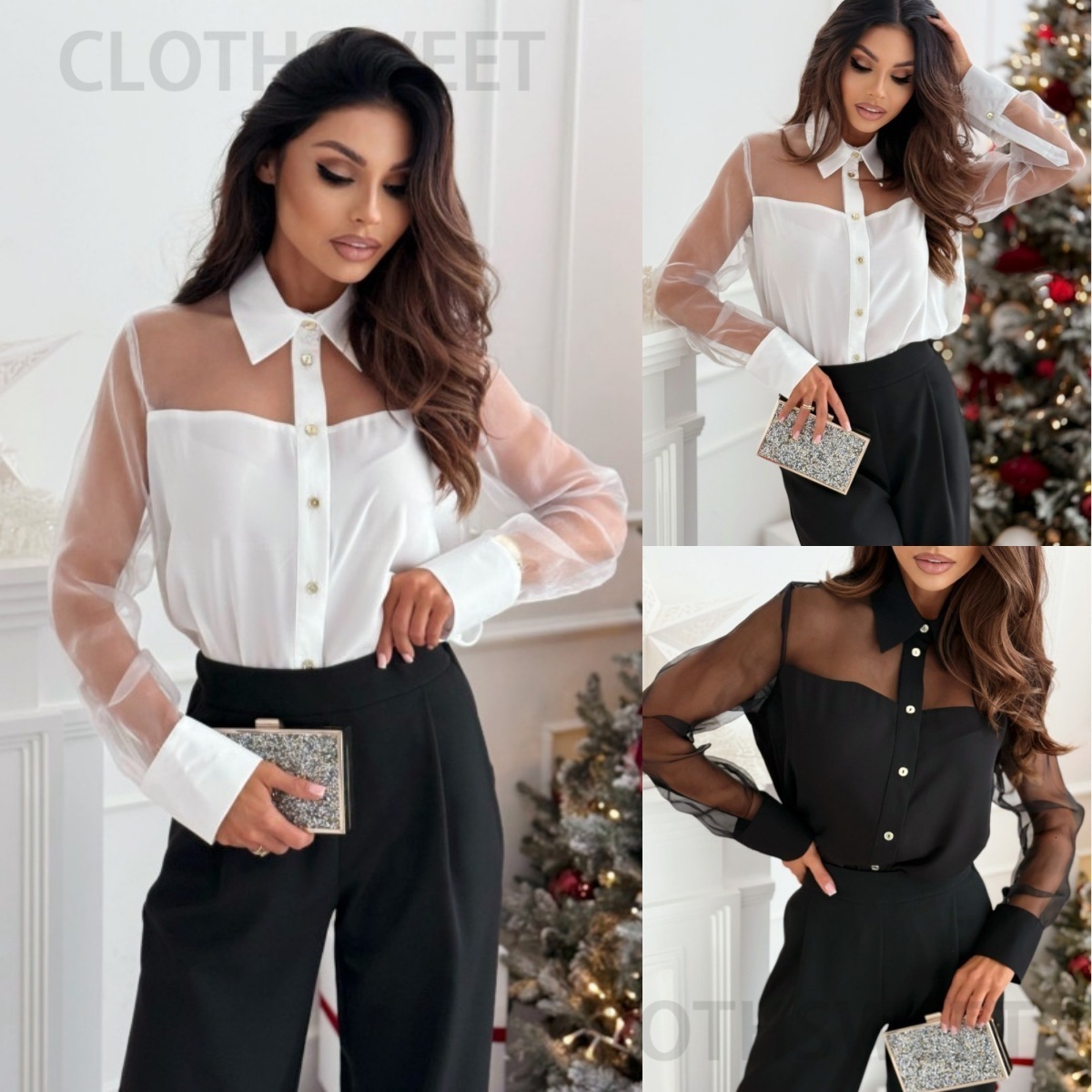 2024 New Spring and Autumn Style Elegant Solid Color Collar Long Sleeve Mesh Splicing Shirt for Women