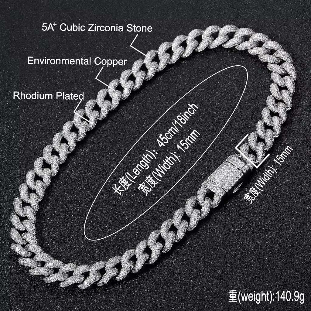 BES 15MM New Design Luxury Iced Out Hip Hop Jewelry Chunky Cubic Zirconia Stone Diamond Miami Cuban Link Chain Mens Jewelry