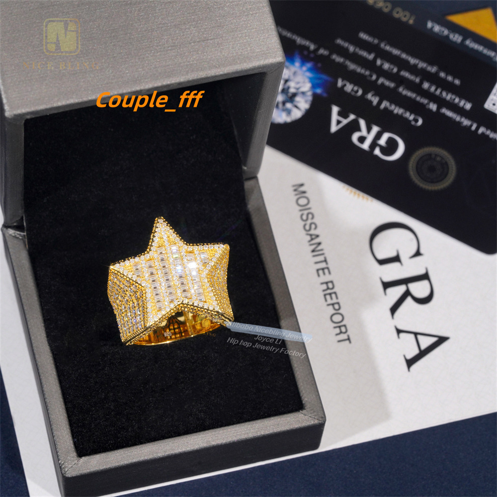 Luxury Fashion Jewelry 925 Sterling Silver VVS Baguette Moissanite Diamond Men Rings Hiphop Bling Iced Out Star Ring