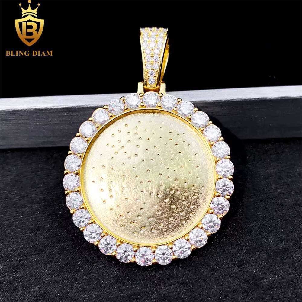 Blingdiam Jewelry Custom Photo Circle Pendant Bulk Vvs Moissanite Big Diamond 925 Sterling Silver Gold Plated